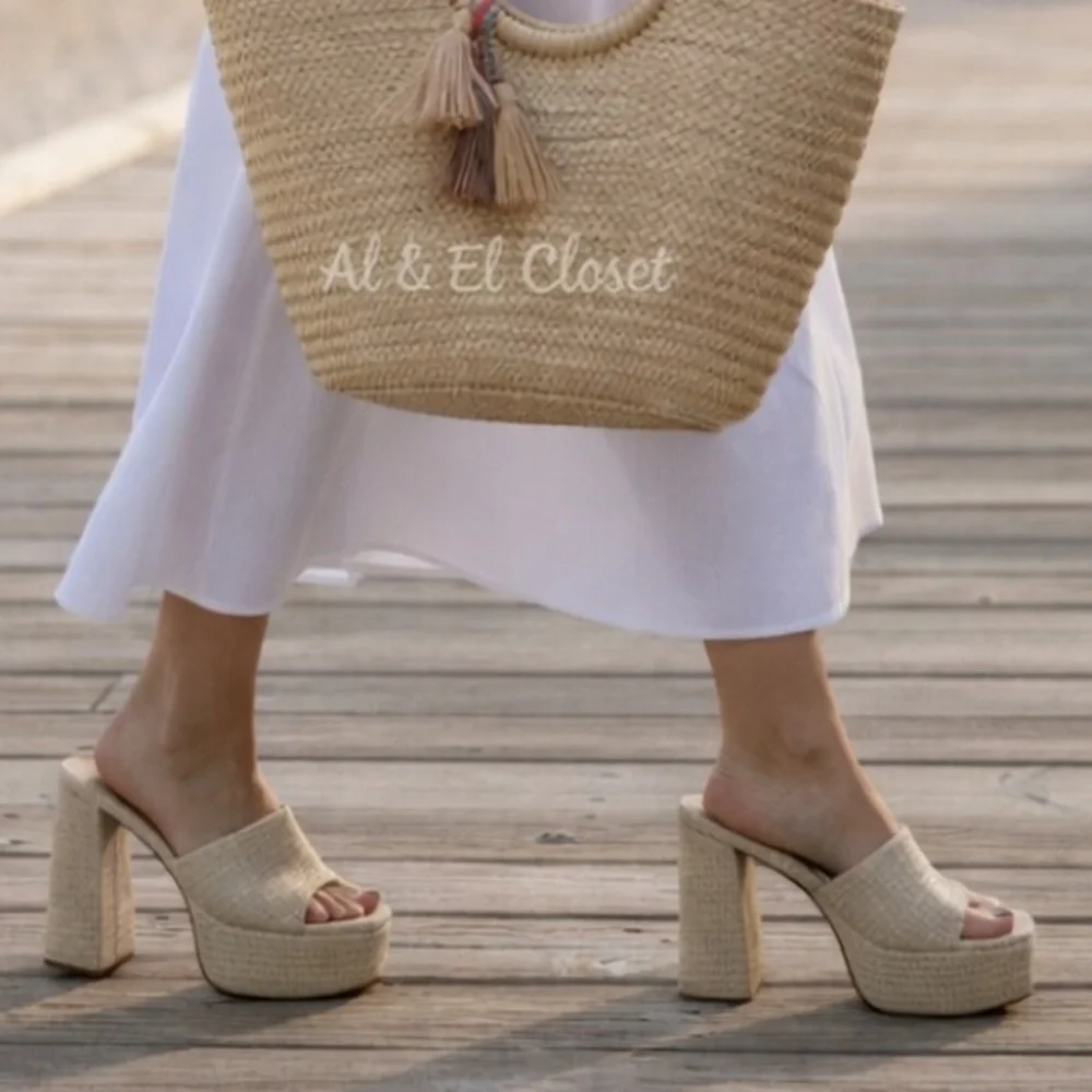 Larroudé Dolly Mule Raffia Platform Block Heels Beach Size 11 New In Box